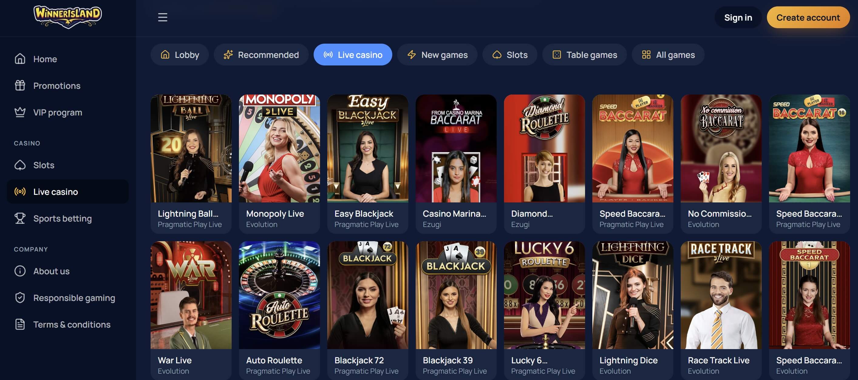 live dealer casino at winner island casino